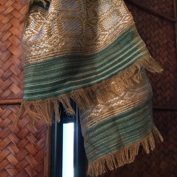 Tibetan Snow Lion Long Green, Gold and Silver Silk Shawl - Picture 9 of 10